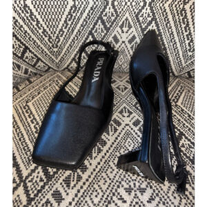 RARE Prada Black Nappa Leather Square Toe Geometric Heel Slingback EU36 US6